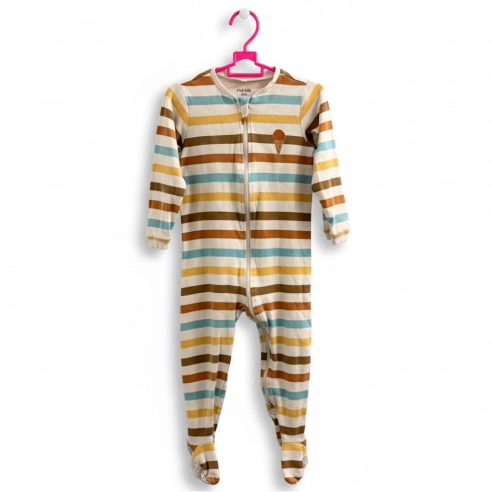 Pekkle | Striped Unisex Baby One Piece Footie Pajama with Embroidered Ice Cream